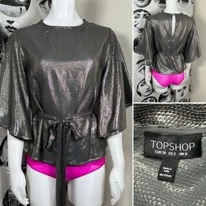 Topshop Silver Sequin Top w/ Ruffle Sleeves & Sash Belt, Sz M